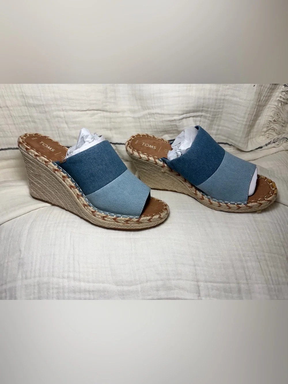 TOMS Monica Mule Wedge Sandals Blue Denim Canvas size 9.5 NWT